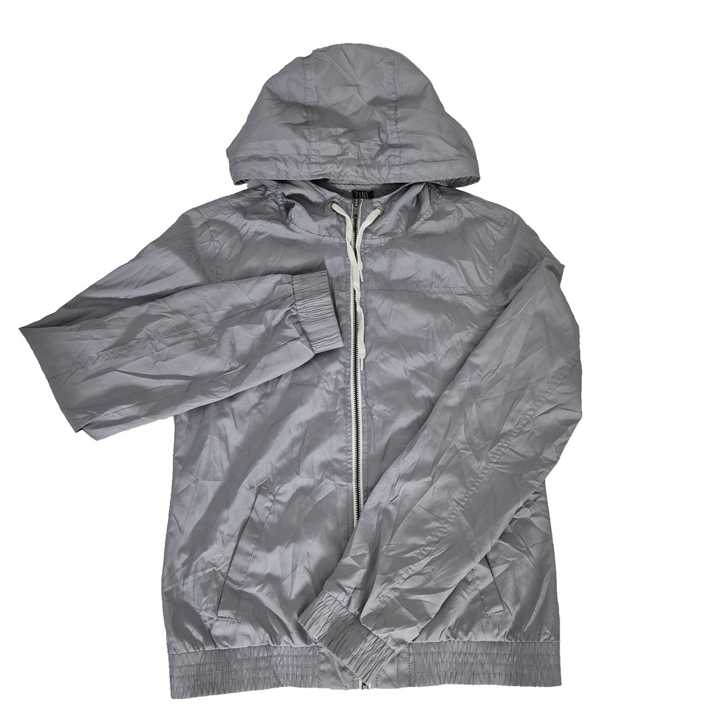 Zine Jacket Mens Small Gray Hooded Windbreaker Lightweight Full Zip Casual‎